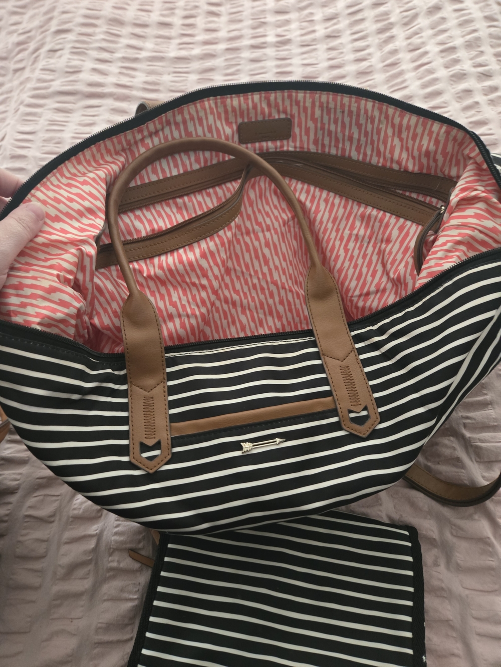 Stella & Dot Striped Black & White Weekender Tote with Brown Trim - Picture 3 of 4